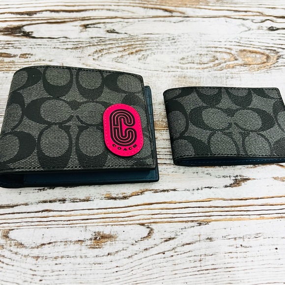 3 in 1 Wallet In Signature Leather Coach Charcoal/Black Pink Logo - Picture 2 of 4